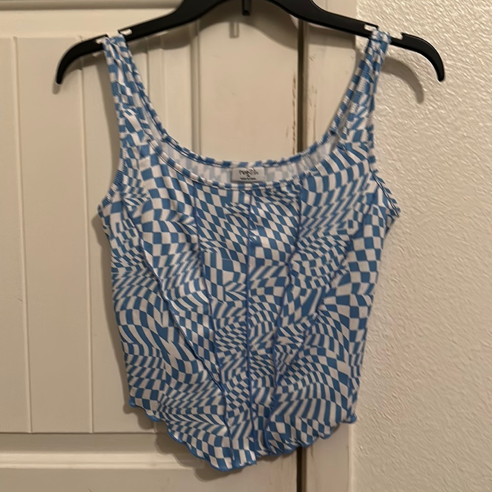 Blue patterned crop top.